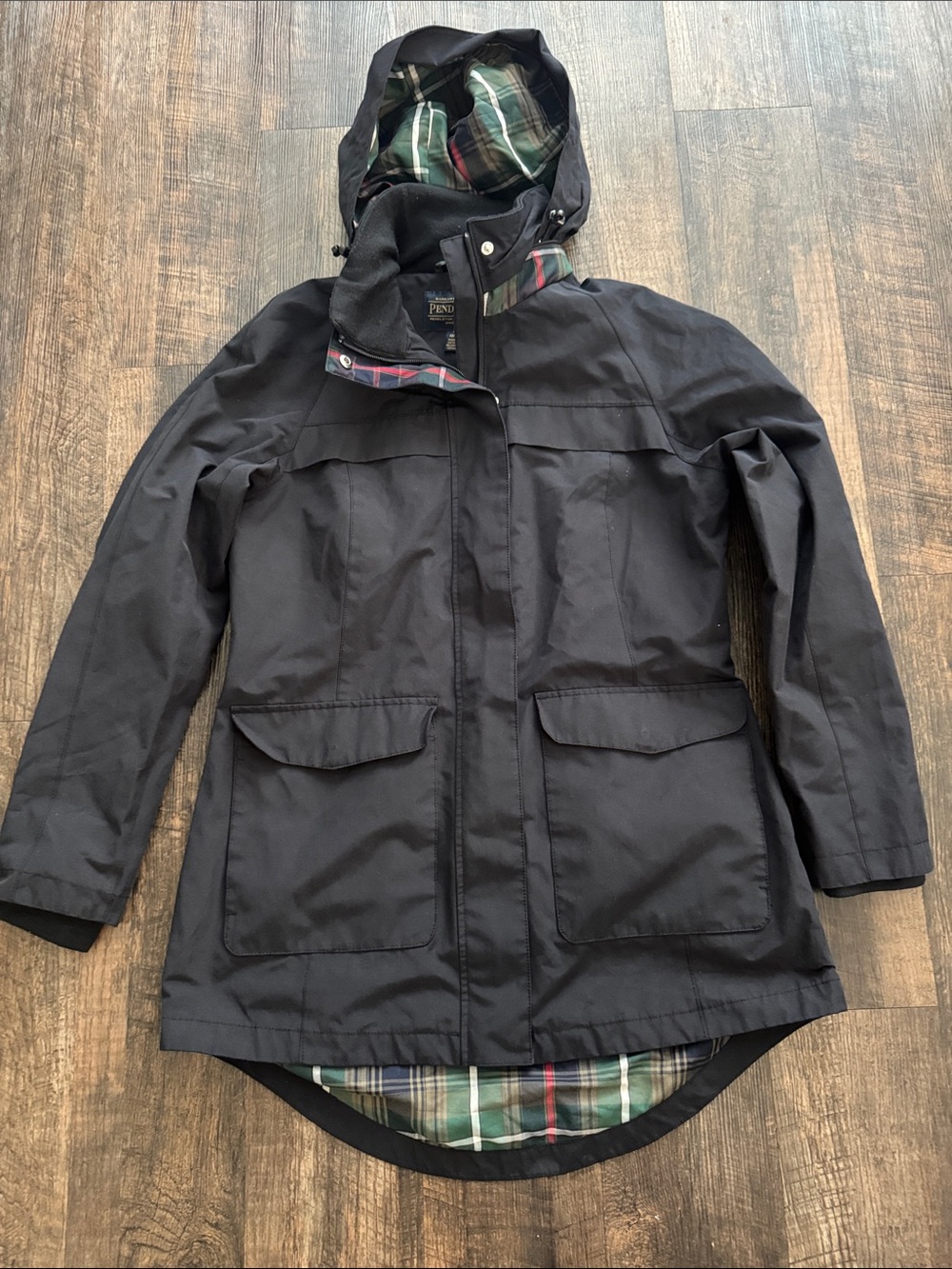 Pendleton Rain Coat Women M Black Plaid Lined Hooded Mid Length Jacket